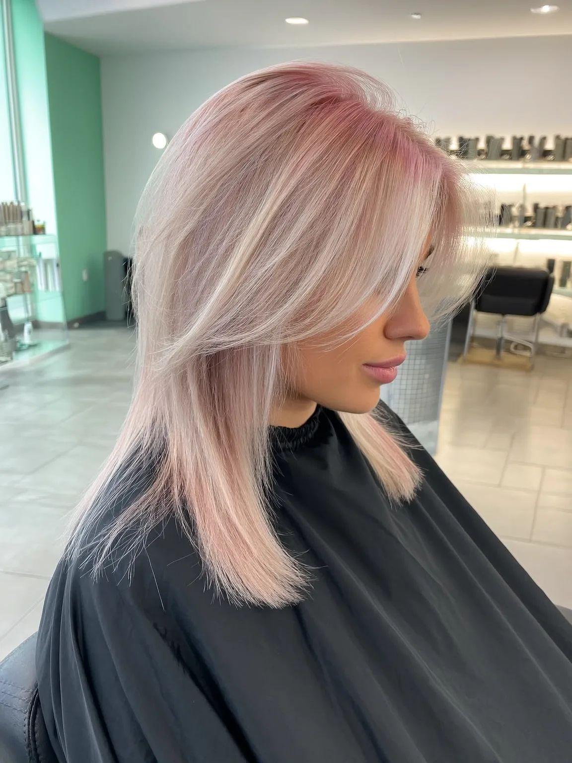 Pastel Pink Layered Straight Lob with Platinum Highlights